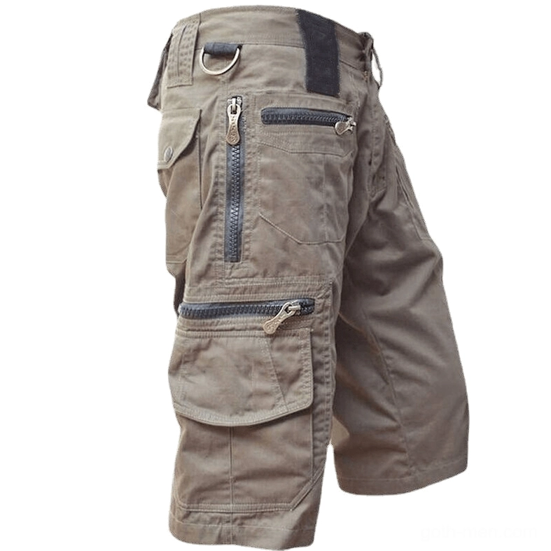 Khaki cotton military cargo shorts with flap zipper pockets, gothic utility design rear angle
