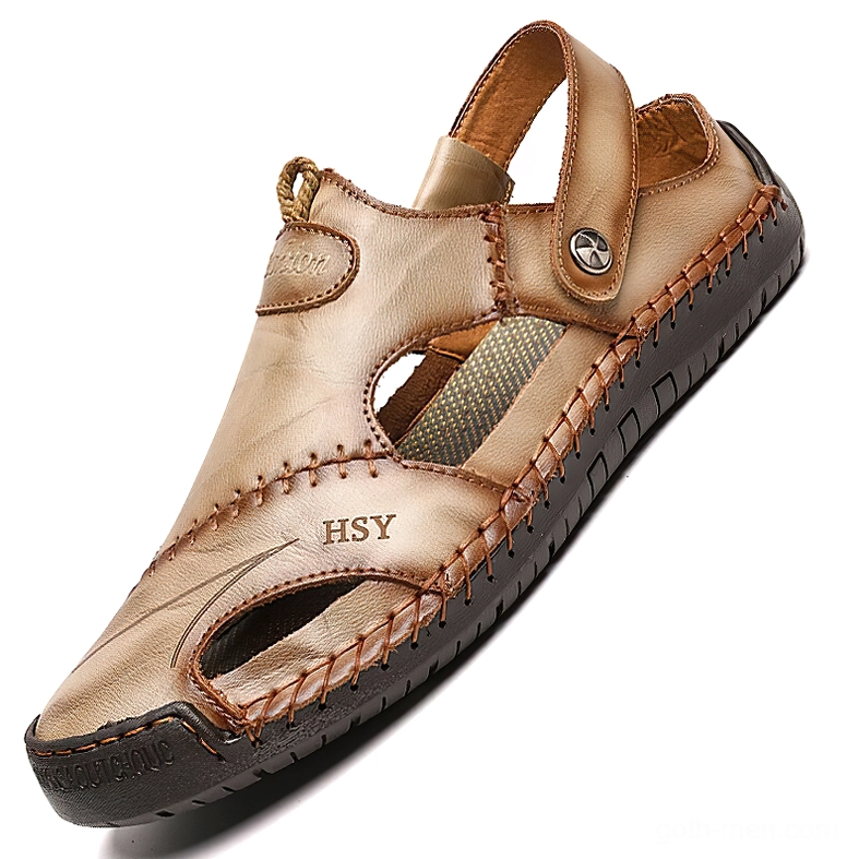 Khaki closed-toe leather gothic sandals for men with buckle strap and hand-stitched edge trim