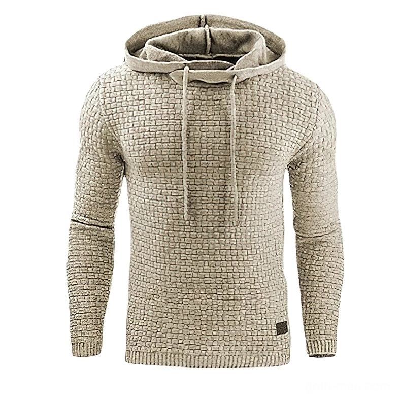 Khaki quilted gothic hoodie for men with grid texture pattern and leather brand tag