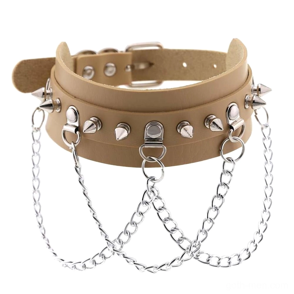 Khaki vegan leather spiked choker with layered metal chains and cone spikes, adjustable gothic neck collar