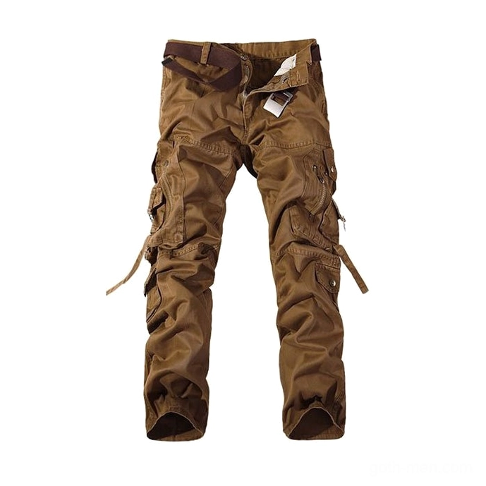 Khaki tactical cargo pants alternative angle flat view highlighting pocket strap construction