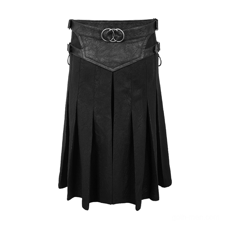 Close-up of kilt skirt waist section showing double metal ring buckle and pleated fabric construction