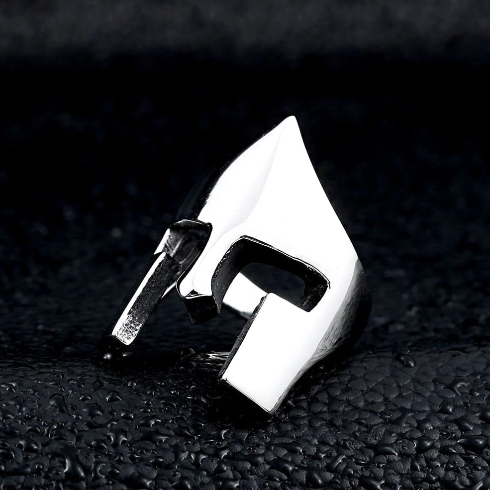 Knight helmet ring left side view showing hollow armor design water droplets
