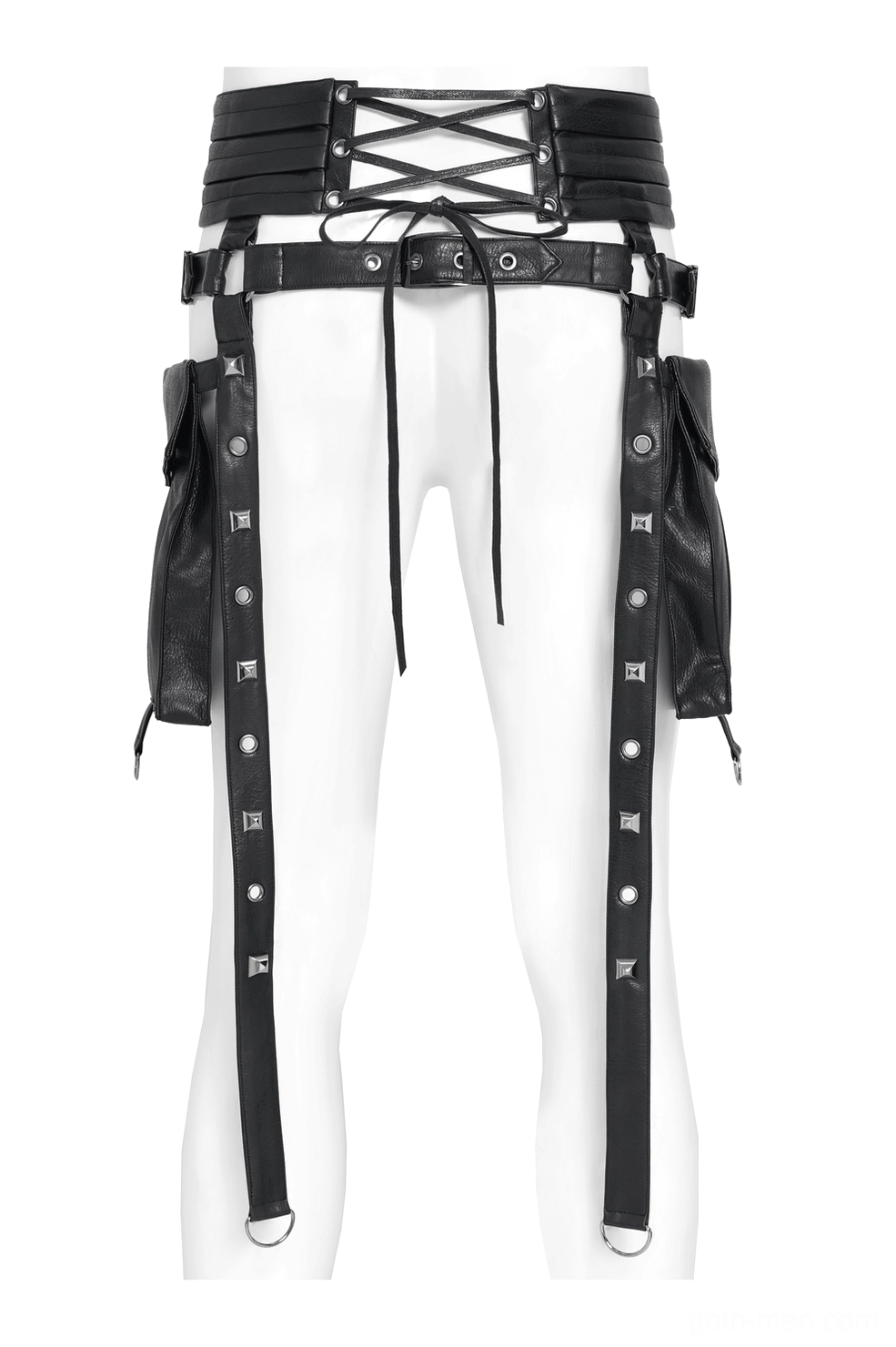 Black leather body harness with lace-up waist closure and side utility pouches on mannequin, front view showing corset-inspired design