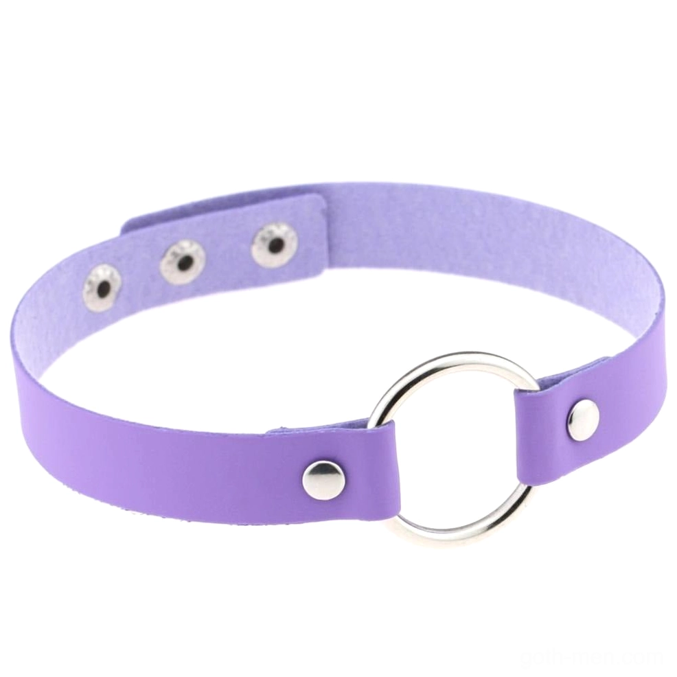 Lavender purple gothic PU leather choker with polished metal O-ring, adjustable stud closure, minimalist design