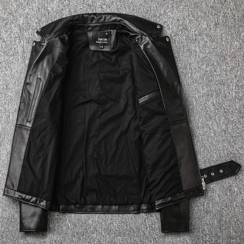 Black leather gothic biker jacket full interior flat lay fabric lining exposed zippers