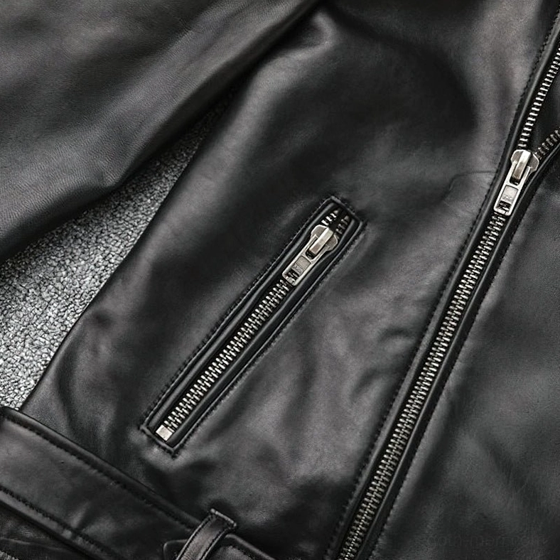 Black leather biker jacket notched lapel collar structure close-up detail