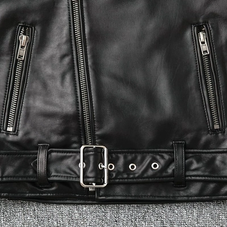 Black leather biker jacket sleeve detail metal zippers cuff construction