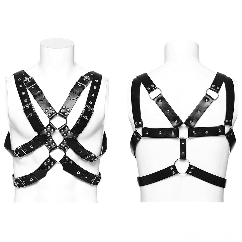 Black PU leather body harness on mannequin front crisscross straps with metal buckles and adjustable design