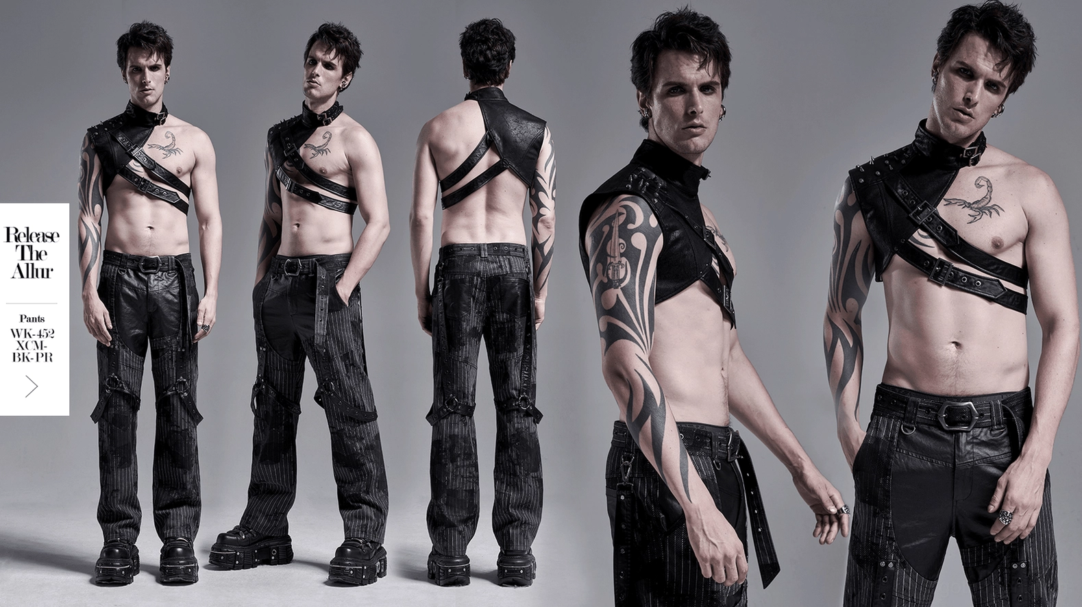 Black leather shoulder harness straps and buckles - functional design detail showing adjustable fit mechanism