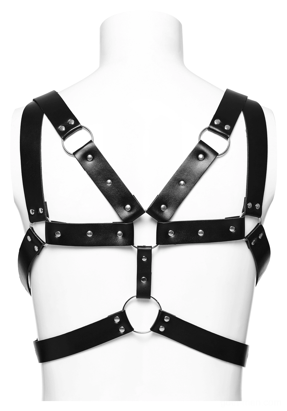 Close-up back detail of black leather harness showing crossed back straps metal fasteners and O-ring junction