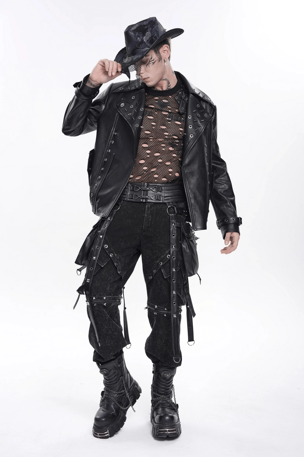 Black leather utility harness rear waist showing lace-up closure system and reinforced strap connections on white mannequin