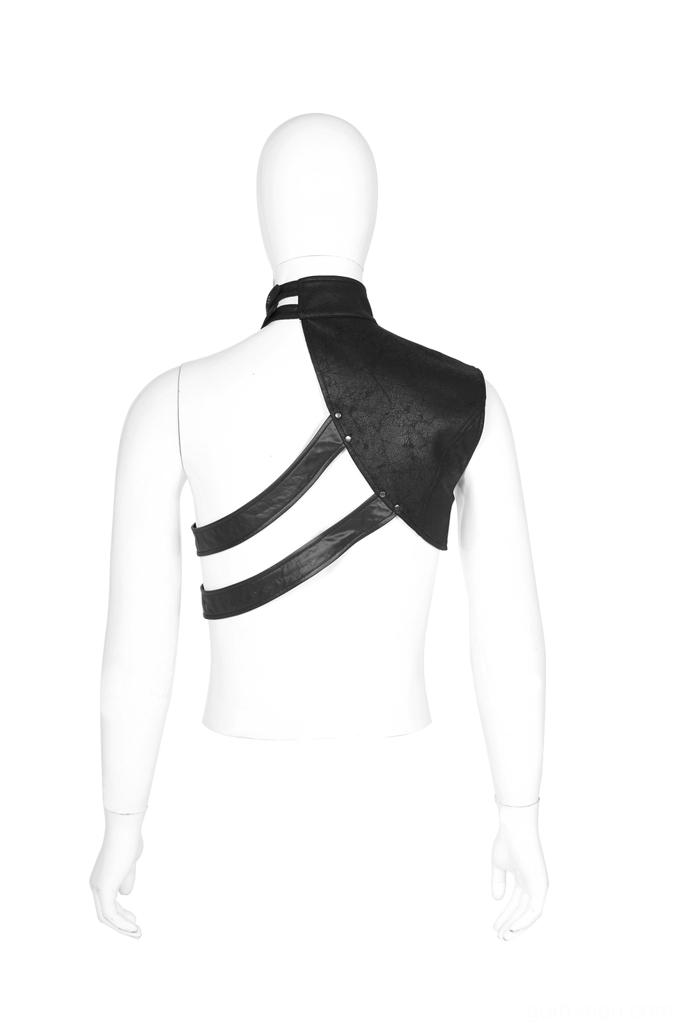Black leather harness rear detail - crisscross back strap design on mannequin showing open construction