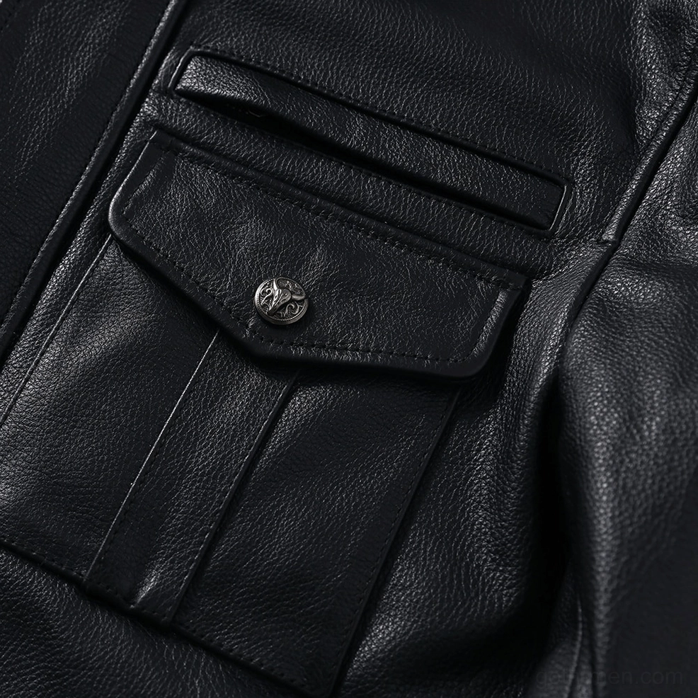 Chest flap pocket with metal button detail on black genuine leather gothic jacket