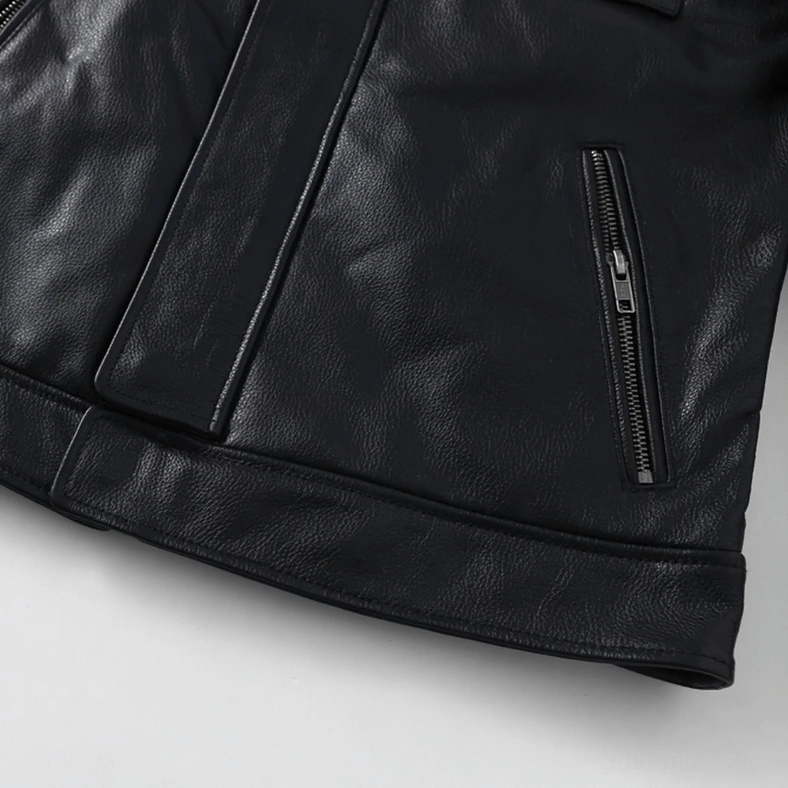 Side pocket and adjustable hem strap detail on black genuine leather motorcycle jacket