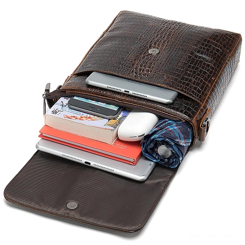 Crocodile leather messenger bag open interior - spacious storage compartment for daily essentials and large capacity