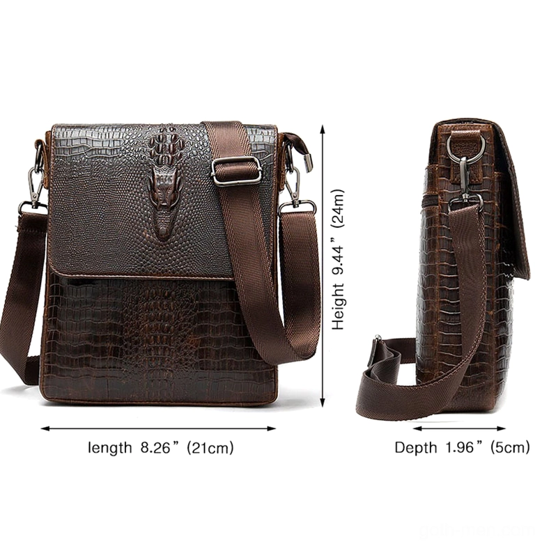 Gothic leather messenger bag size reference - front and side profile view with measurement labels and adjustable woven shoulder strap