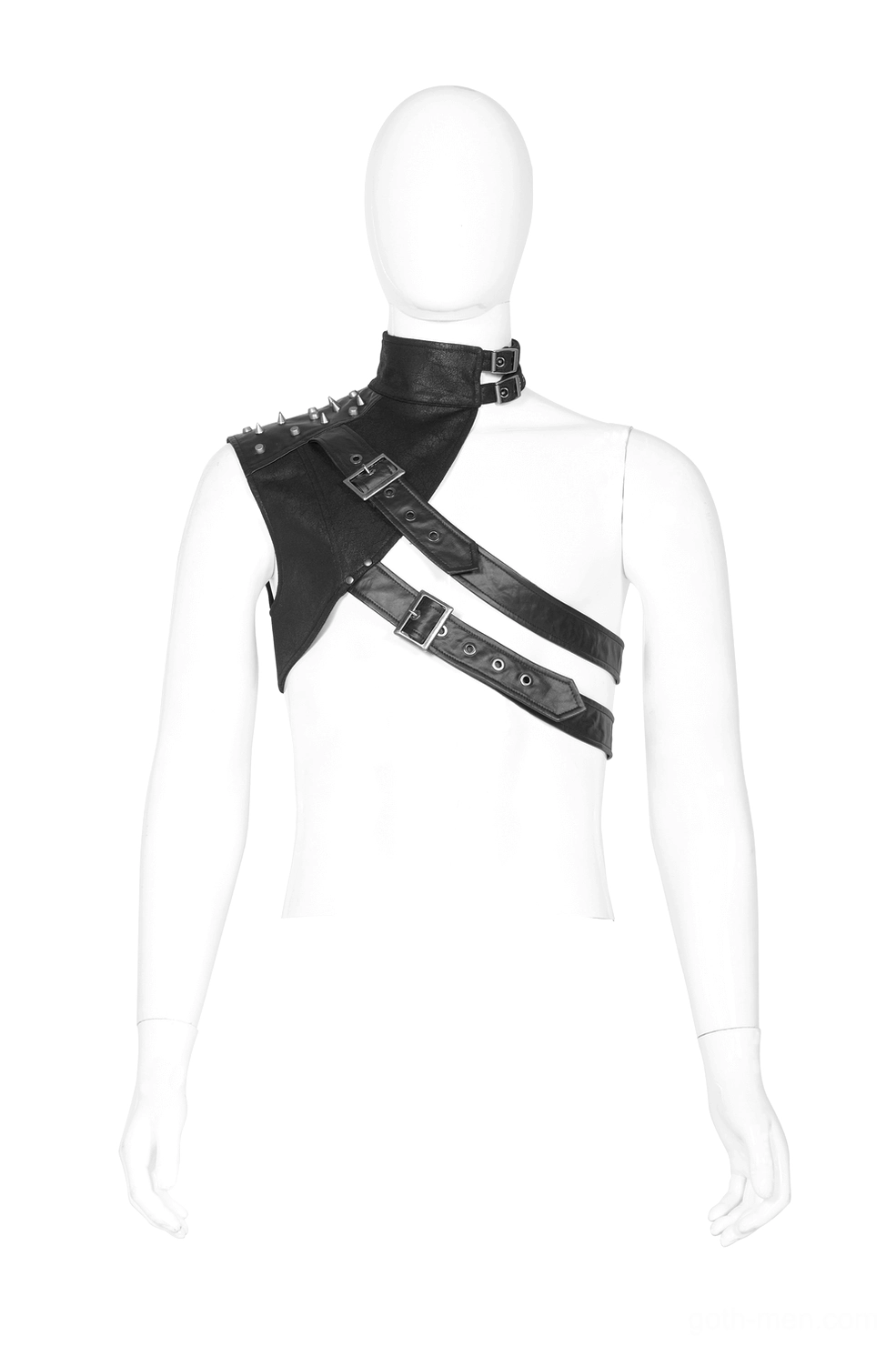 Gothic leather harness with studded choker collar detail - front view highlighting metal rivets and neck piece