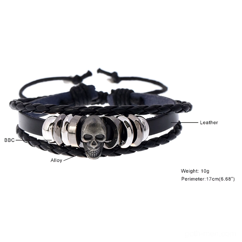 Handwoven leather skull bracelet with specifications showing 10g weight and 17cm adjustable length, studio product shot