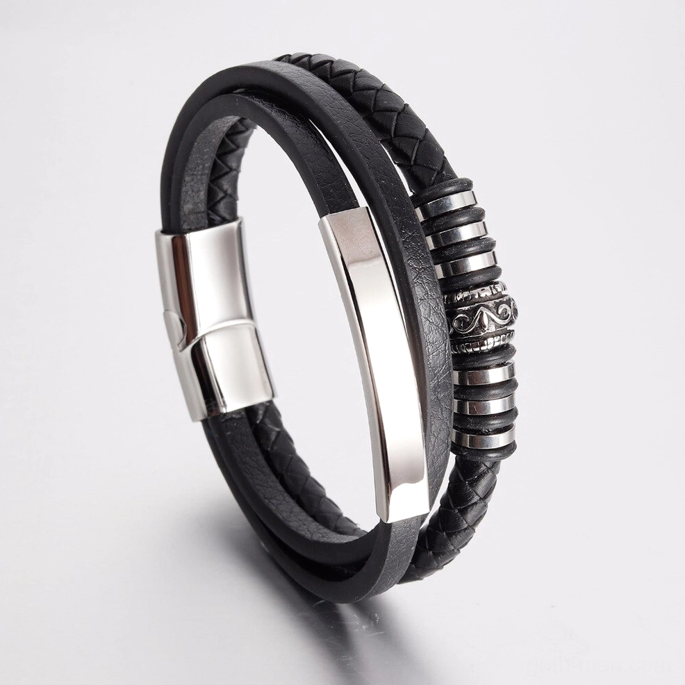Stainless steel and genuine leather men's bracelet showing stacked strap construction - profile view