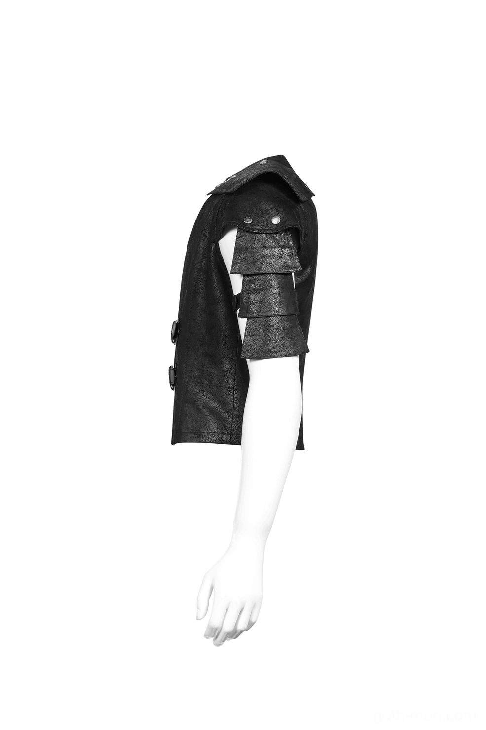 Adjustable leather strap detail on gothic vest showing layered design and texture