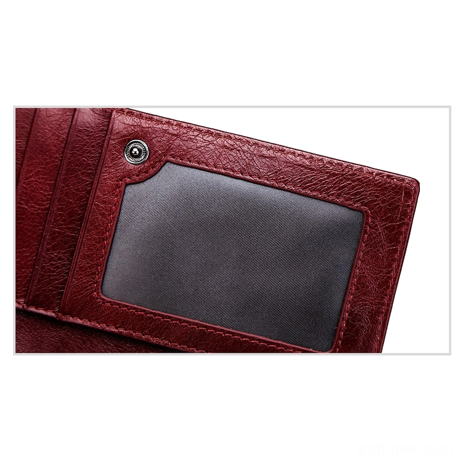 Leather wallet back close-up detail showing ID window and snap button closure
