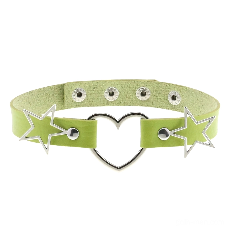 Light blue PU leather gothic choker with silver hollow heart pendant and star sides, flat lay detail shot of adjustable choker necklace