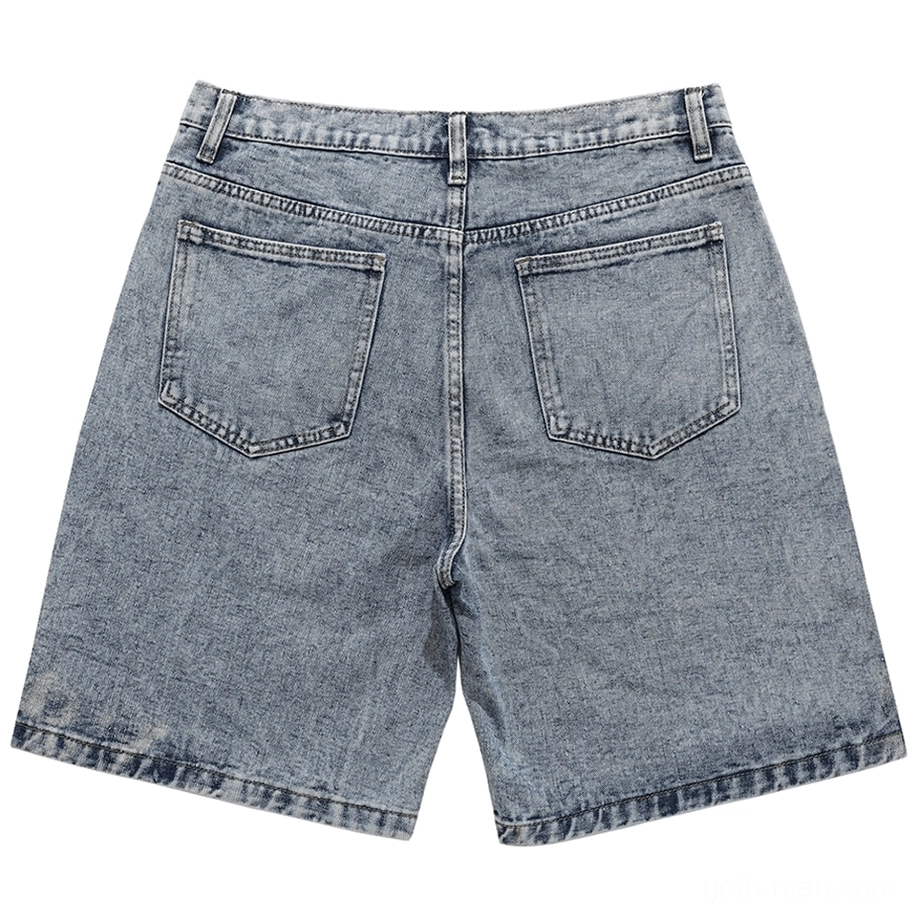 Light blue wash denim shorts back view with double rear pockets and contrast stitching, flat lay photography