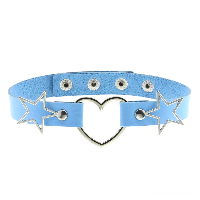 Light blue PU leather gothic choker necklace with silver heart and star metal elements, flat lay detail photography for alternative fashion