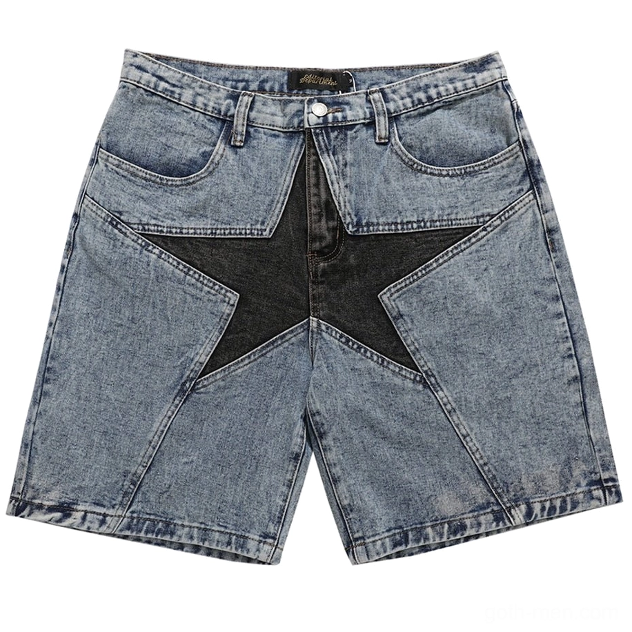 Light blue denim shorts with black star patchwork front and side view showcasing complete alternative gothic aesthetic