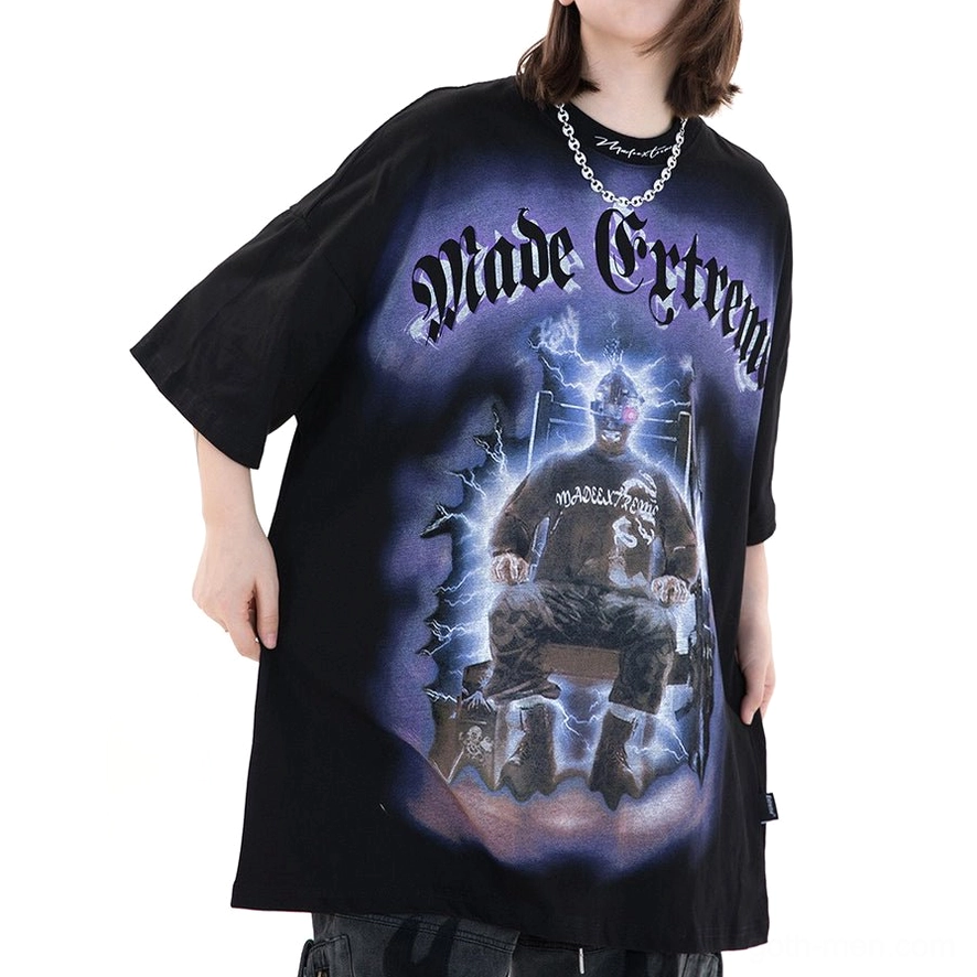 Lightning throne oversized black gothic graphic tee front view on female model