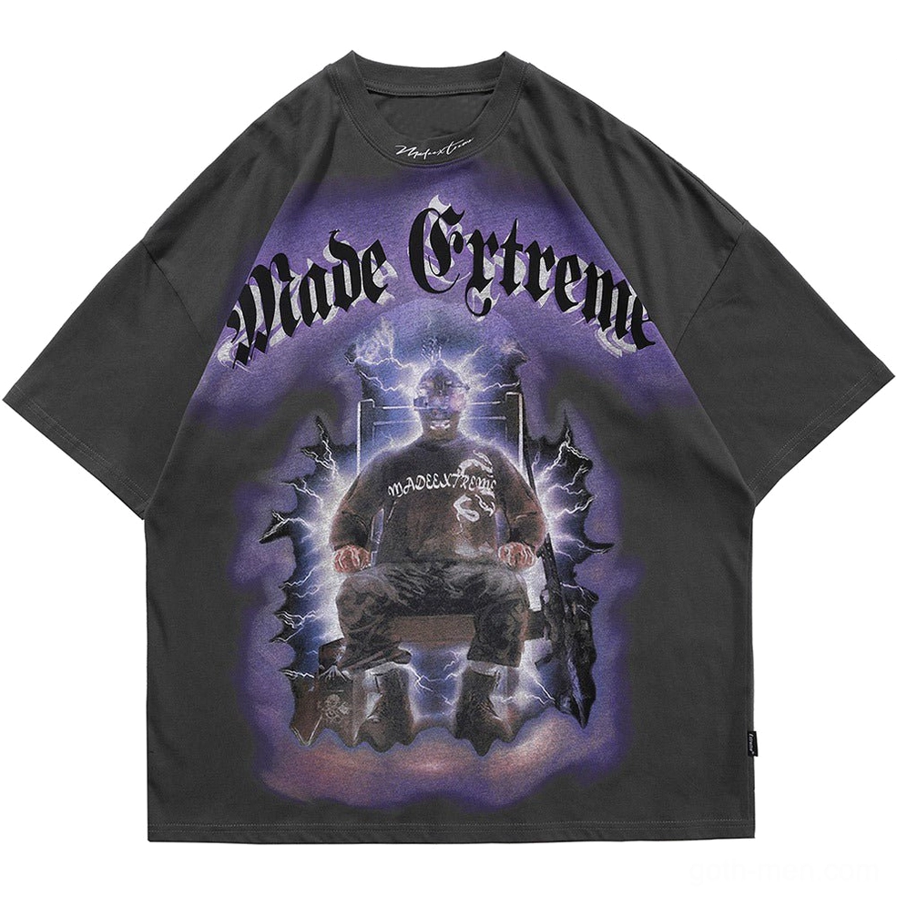 Dark gray oversized gothic tee with lightning throne print flat lay