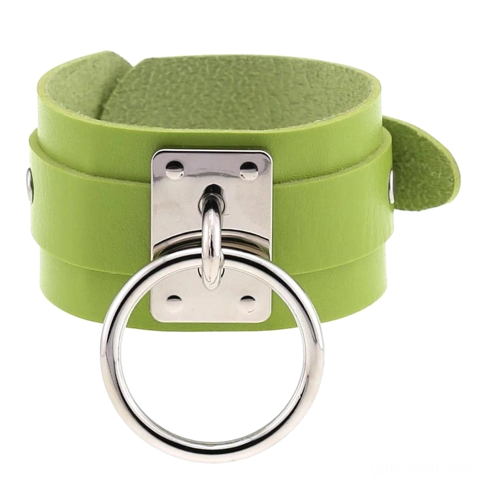 Lime green leather gothic cuff bracelet with silver decorative rings, bold alternative style