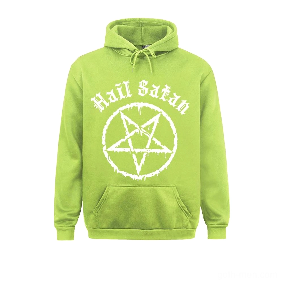 Neon lime green punk goth hoodie with white Hail Satan and inverted pentagram chest print, bold alternative fashion