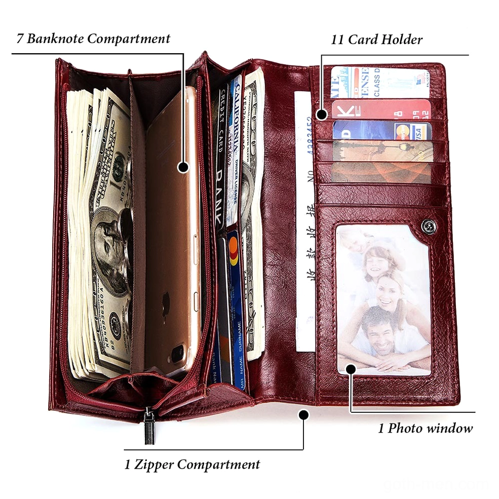Fully opened genuine leather long wallet displaying 11 card holders, 7 bill slots, and photo window
