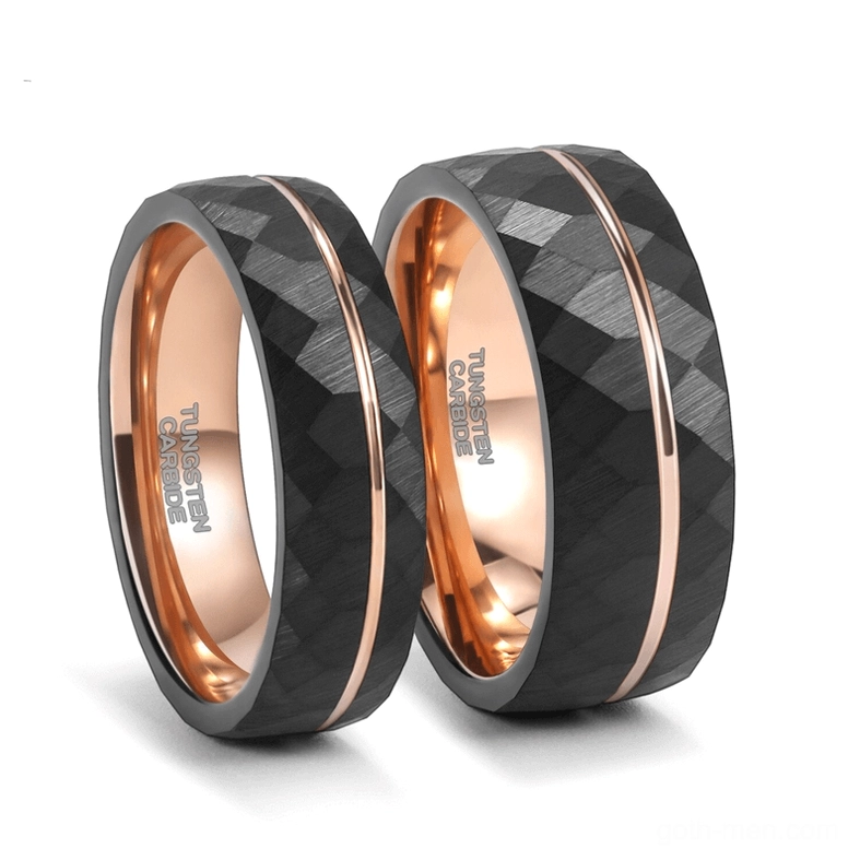 Pair of matching black tungsten gothic rhombus rings with rose gold accents for couples