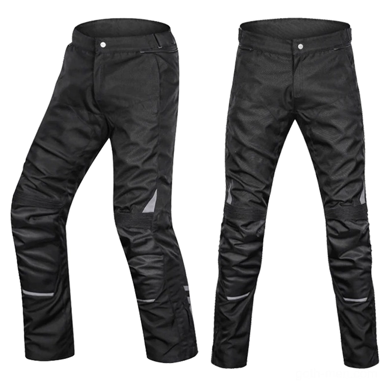 Solid black matte motorcycle pants with subtle reflective strips and reinforced seat panel
