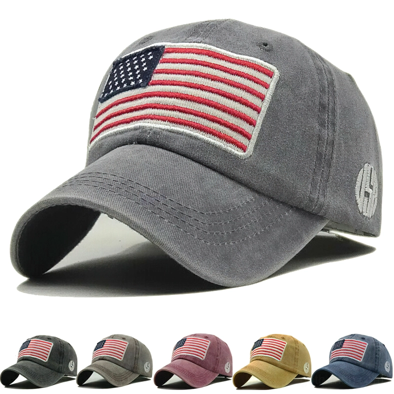 Medium gray washed cotton gothic USA flag baseball cap, versatile dark aesthetic color option studio view