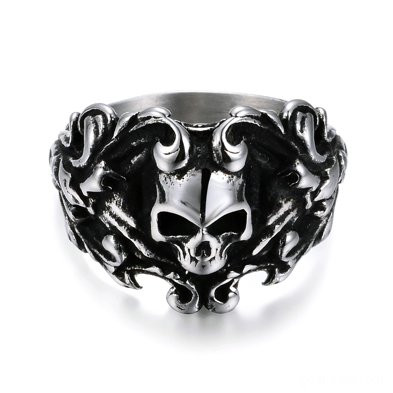 Memento mori skull ring stainless steel aged silver flat lay gothic biker jewelry overhead view