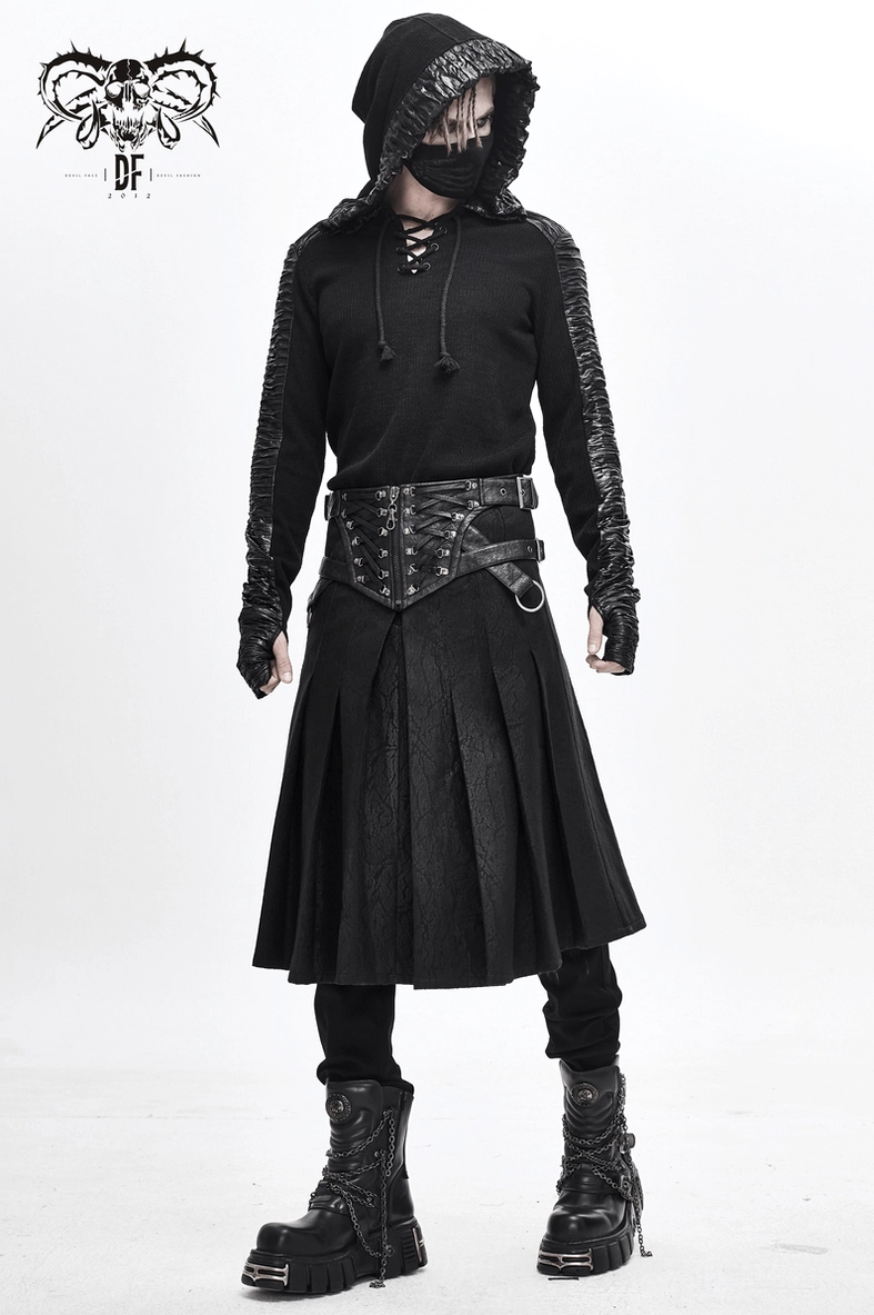 Men's black kilt skirt with buckled leather straps and industrial hardware detail shot on model
