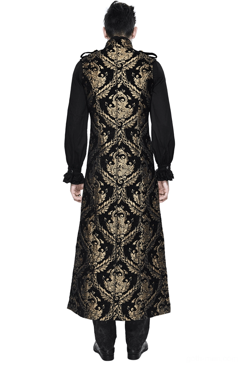 Ornate gold embroidered sleeveless gothic coat back view on male model showing full damask pattern
