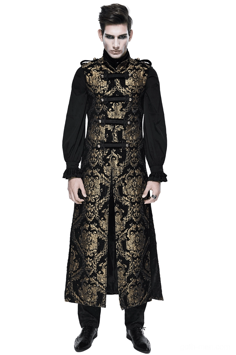 Men's gold damask embroidered sleeveless gothic coat worn by model front view with traditional frog buttons