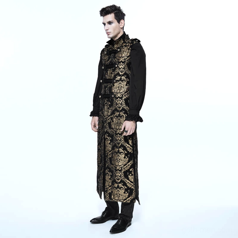 Complete view of men's gold damask embroidered gothic coat with side slits and ornamental details