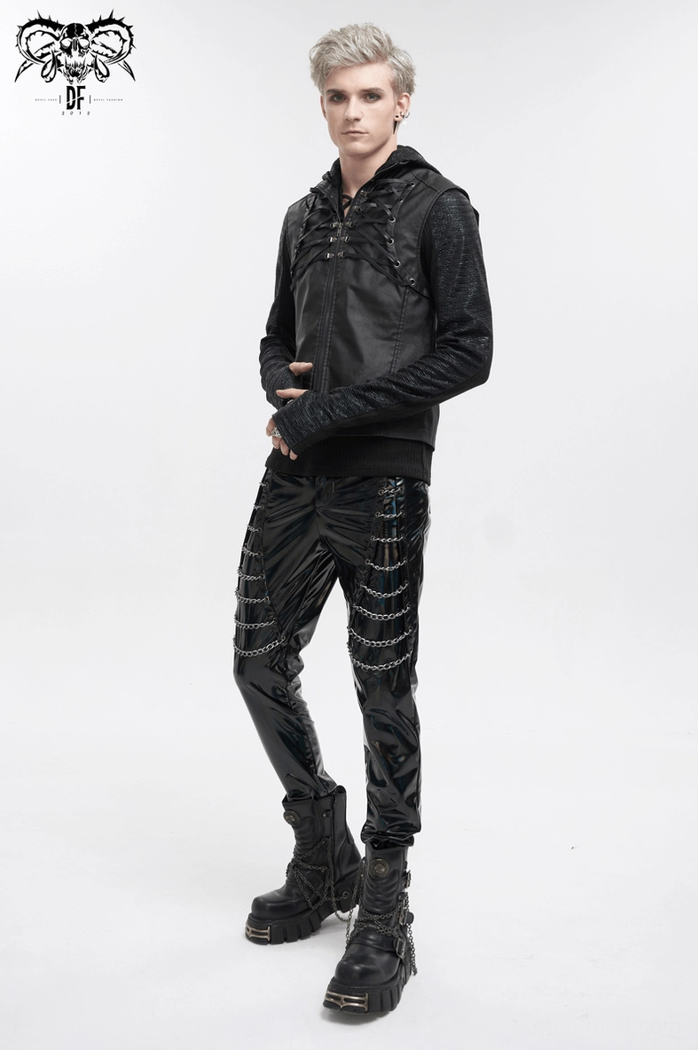 Men's black gothic lace-up waistcoat highlighting stand collar and front zipper integration