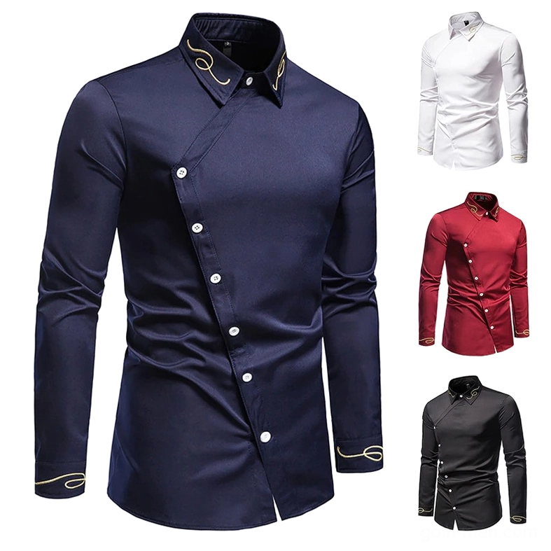 Asymmetric gothic shirt flat lay with color swatches showing navy blue with gold embroidery