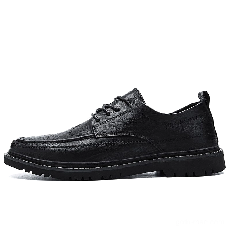 Black split leather gothic dress shoes featuring wrinkled texture, rugged thick sole, and heel pull tab detail
