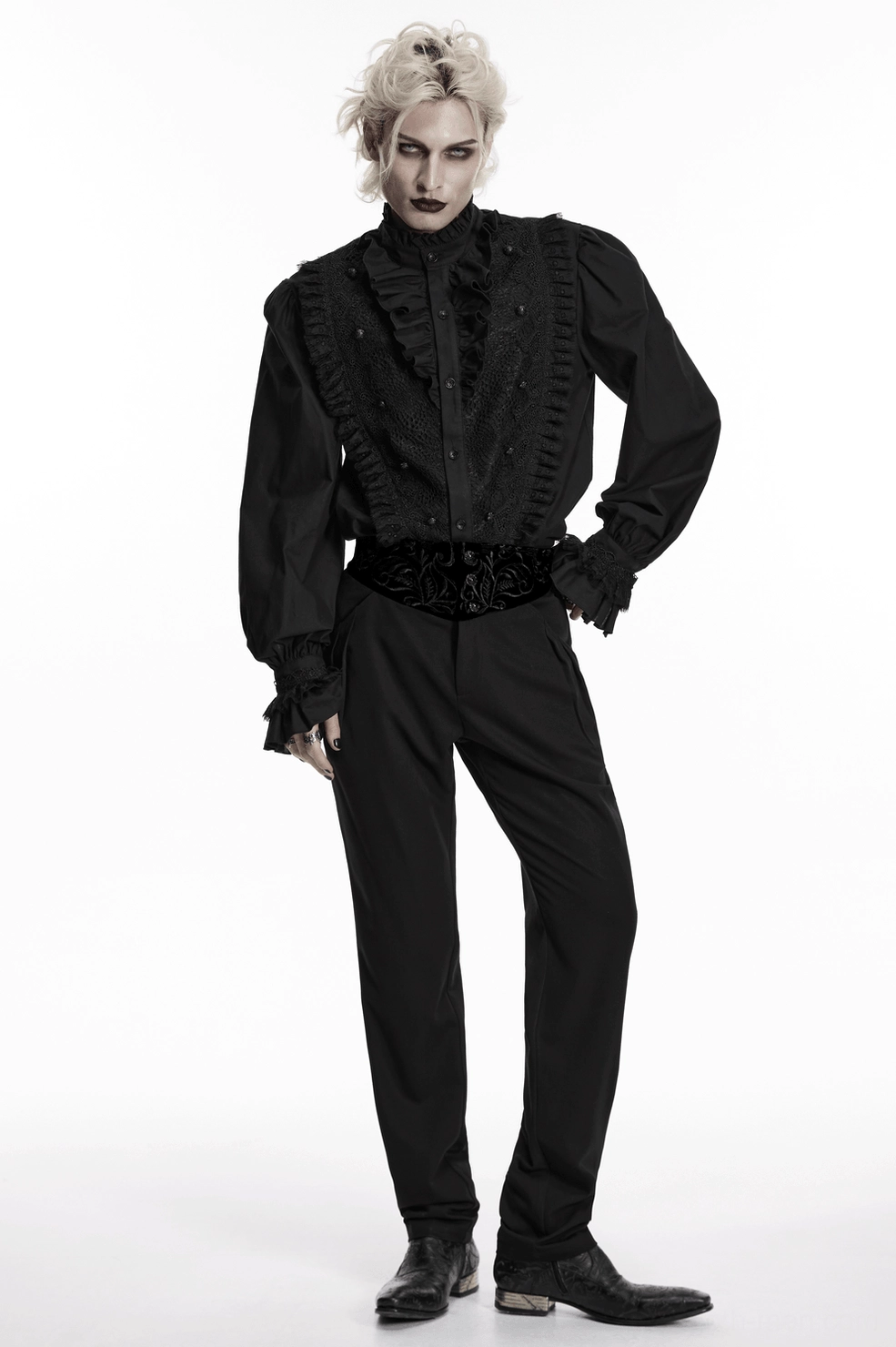 Men's black gothic shirt with dramatic ruffled lace and lantern sleeves - alternative fashion Victorian aesthetic piece
