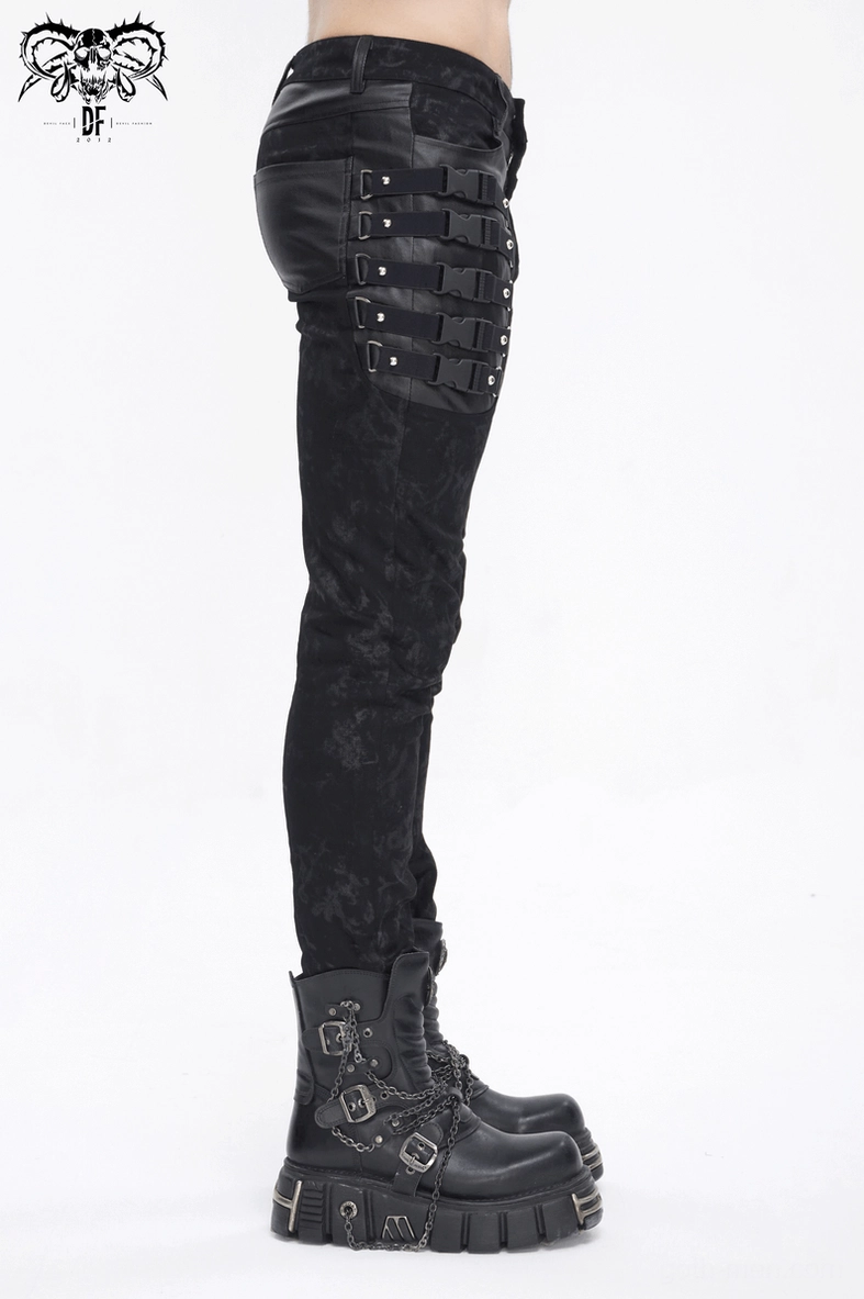 Alternative angle showcasing the overall silhouette and buckle strap placement on men's black gothic trousers