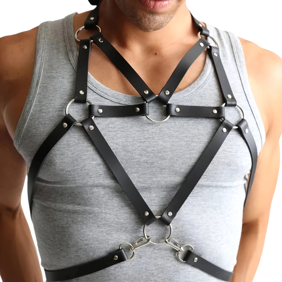 Men's black PU leather pentagram chest harness with metal hardware, front body view