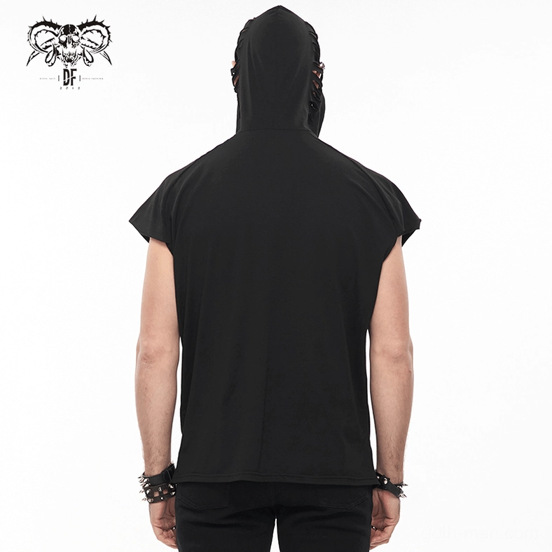 Complete view of men's black skull-printed gothic hoodie with distressed ripped design